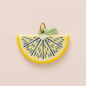 Lemon slice ceramic pendant charm with gold-plated stainless steel ring accessory