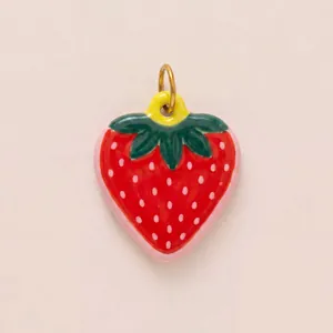 Adorable red strawberry enamel pendant with green leaves and a golden metal ring accessory