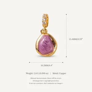 Detailed dimensions of gold plated copper pendant with purple enamel and zircon stones.