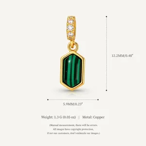 Hexagonal green stone pendant with zircon details on gold-plated copper base with measurements