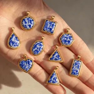 New Chinese Style Blue and White Porcelain Resin Inlay Stainless Steel Pendant Necklace Geometric Round Heart Shape Jewelry For Women