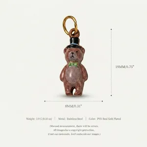 Close-up detail of a miniature brown teddy bear charm with dimensions and material info.