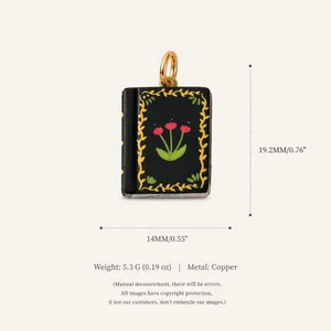 Detailed view of floral book charm pendant with size measurements and copper info