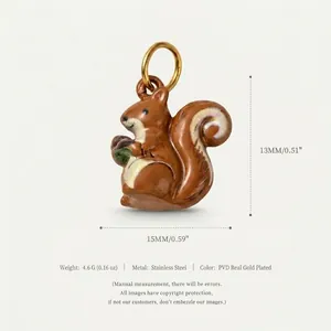 Macro view of colorful squirrel pendant showing 15mm dimensions and material info