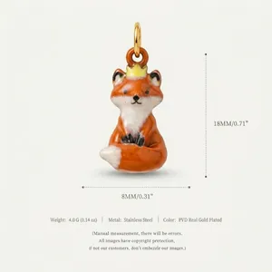 Detailed view of a gold plated stainless steel fox pendant with size and weight info