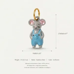 Detailed view of a cute mouse pendant with blue overalls and pink glittery ears in stainless steel
