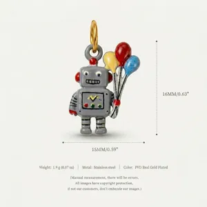Detailed macro view of a cute robot pendant holding colorful balloons with full size specs