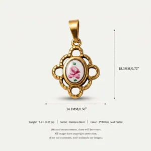 Detail view of a vintage-style 18K gold plated stainless steel floral pendant with specs