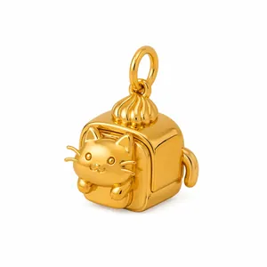 Macro view of a 3D cute cat charm pendant crafted from polished gold-finish 316L steel