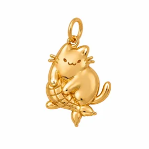 Detailed view of a cute 3D golden cat pendant holding a fish made from 316L stainless steel