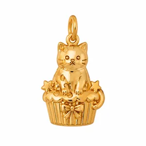 Detailed macro view of 316L stainless steel gold cute cat cupcake pendant charm jewelry