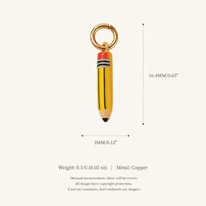 Detailed view of pencil charm with size measurements and copper material info