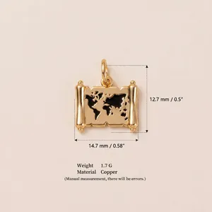 Detailed view of gold-tone world map scroll pendant showing dimensions and weight info