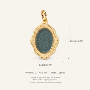 Close-up of an oval copper pendant showing dimensions 19.9mm x 14.1mm and material details.