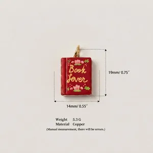 Detailed product specifications of a red Book Lover copper charm for DIY jewelry making