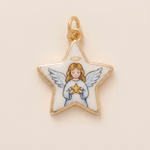 Close-up of a star-shaped enamel pendant featuring a hand-painted angel design