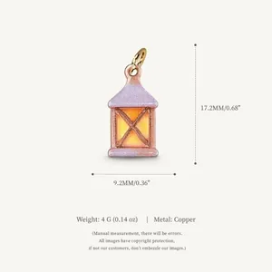 Copper lantern charm dimensions showing 17.2mm height and 9.2mm width with weights