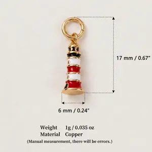 Detail of copper lighthouse pendant charm showing 17mm height and material specs