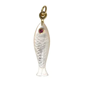 Exquisite carved white shell fish pendant featuring a pink gemstone eye for DIY jewelry