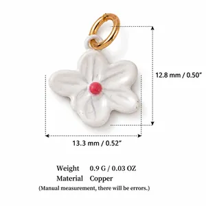 Detailed macro view of white flower pendant charm showing dimensions and material.