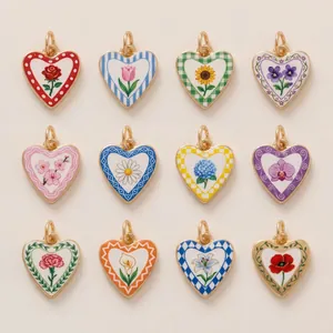 Stainless Steel Heart Shaped Enamel Flower Pendants DIY Jewelry Accessories Rose Tulip Sunflower Pendants Without Chain
