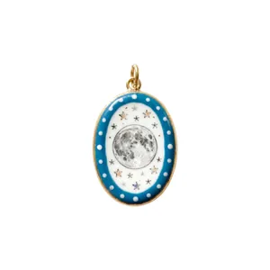 Celestial oval pendant featuring moon and stars illustration with blue enamel border