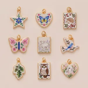 Vintage Stainless Steel Pastoral Painted Enamel Animal Pendants For DIY Jewelry Making Butterfly Rabbit Owl Charms Accessories
