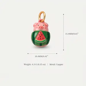 Detailed macro view of a cute watermelon pig copper charm with precise dimensions.