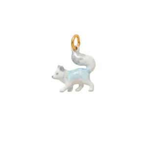 Detailed macro view of a cute white and blue enamel fox animal charm pendant for necklaces