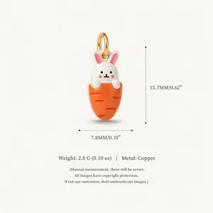Detail view of a cute rabbit carrot enamel pendant showing exact dimensions and weight