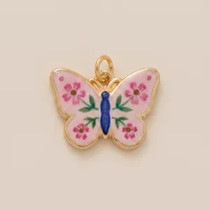Vintage hand-painted butterfly pendant charm with pink floral details for DIY jewelry