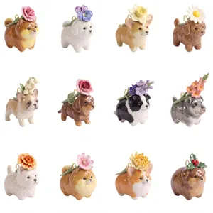 Collection of 12 colorful ceramic dog pendants with flowers for DIY jewelry crafts.