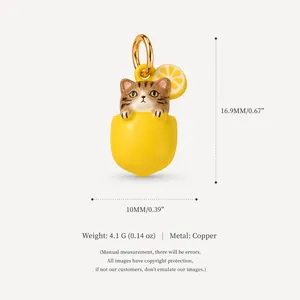 Detailed view of cute cat in lemon pendant showing 16.9mm height and copper material