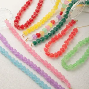 Cute Multicolor Resin Heart Pendant Necklace Frosted Sugar Texture Candy Color Jewelry For Women Girls Daily Accessories