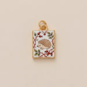 Hand-painted hedgehog pendant with rosehip motif in a gold-colored frame