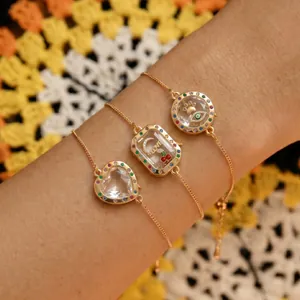 Rainbow Rhinestone Bordered Transparent Glass Locket Bracelet Necklace DIY Charms Copper Gold Plated Heart Round Rectangle Fashion Jewelry For Women