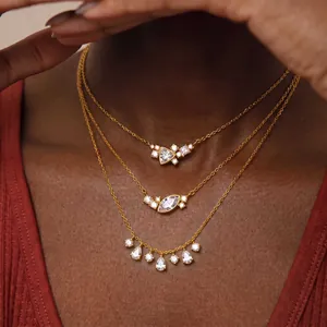 Light Luxury Stainless Steel Rhinestone Smile Necklace For Women Gold Plated Marquise Triangle Water Drop Tassel Pendant Jewelry