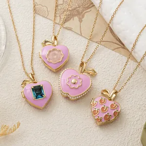 Collar con Colgante de Relicario Corazón de Melocotón Manzana Esmalte Rosa Cobre Chapado en Oro Joyería para Mujeres