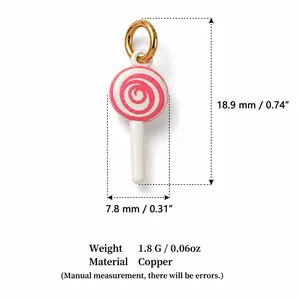 Detailed view of pink spiral lollipop charm with dimensions and material specifications