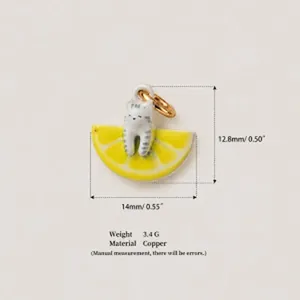 Detail view of cute cartoon cat and lemon slice pendant with dimensions and weight info