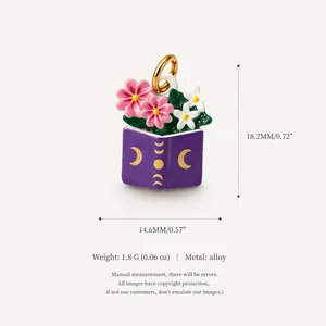 Exquisite floral book charm pendant with moon phases in vacuum-plated alloy gold finish