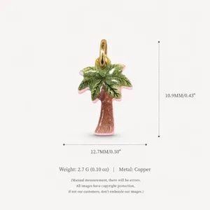Detailed macro view of a glittery palm tree charm with measurement labels and specifications