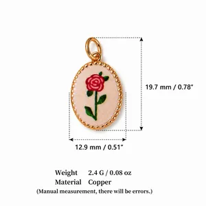 Detailed dimensions of rose embroidered oval pendant in copper with gold plating