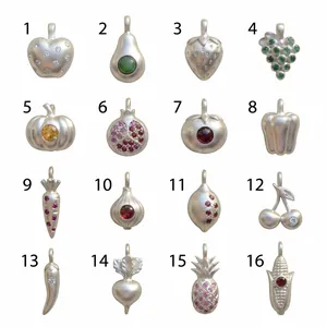 Collection of 16 fruit and vegetable charms in matte silver with colorful zirconia