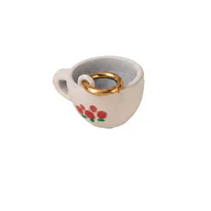 Breloque tasse en céramique miniature avec motif floral et anneau doré pour bijoux DIY