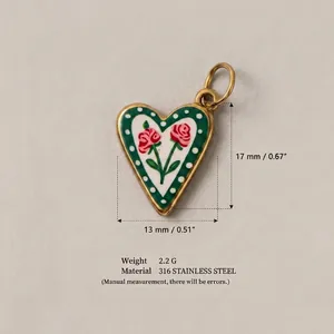 Detail view of 316 stainless steel heart pendant with rose floral pattern.