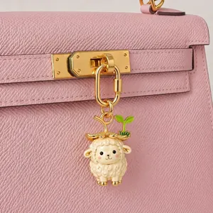 Cute Straw Hat Animal Bag Charm Alloy Enamel Sheep Cat Dog Pig Keychain Gold Plated Backpack Pendant For Women Girls Gift