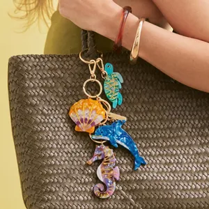 Llavero de Acrílico con Lentejuelas Mármol Tema Océano Tortuga Delfín Caballito de Mar Piña Adorno de Bolso para Vacaciones