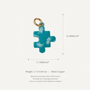 Teal puzzle piece pendant with white cloud pattern, copper jewelry accessory for DIY
