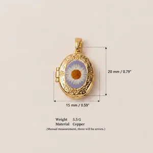Détail d'un médaillon ovale en cuivre doré avec marguerite pressée, hauteur 20mm